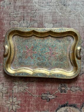 Antique Brass Decorative Serving Tray with Turquoise and Pink Inlay